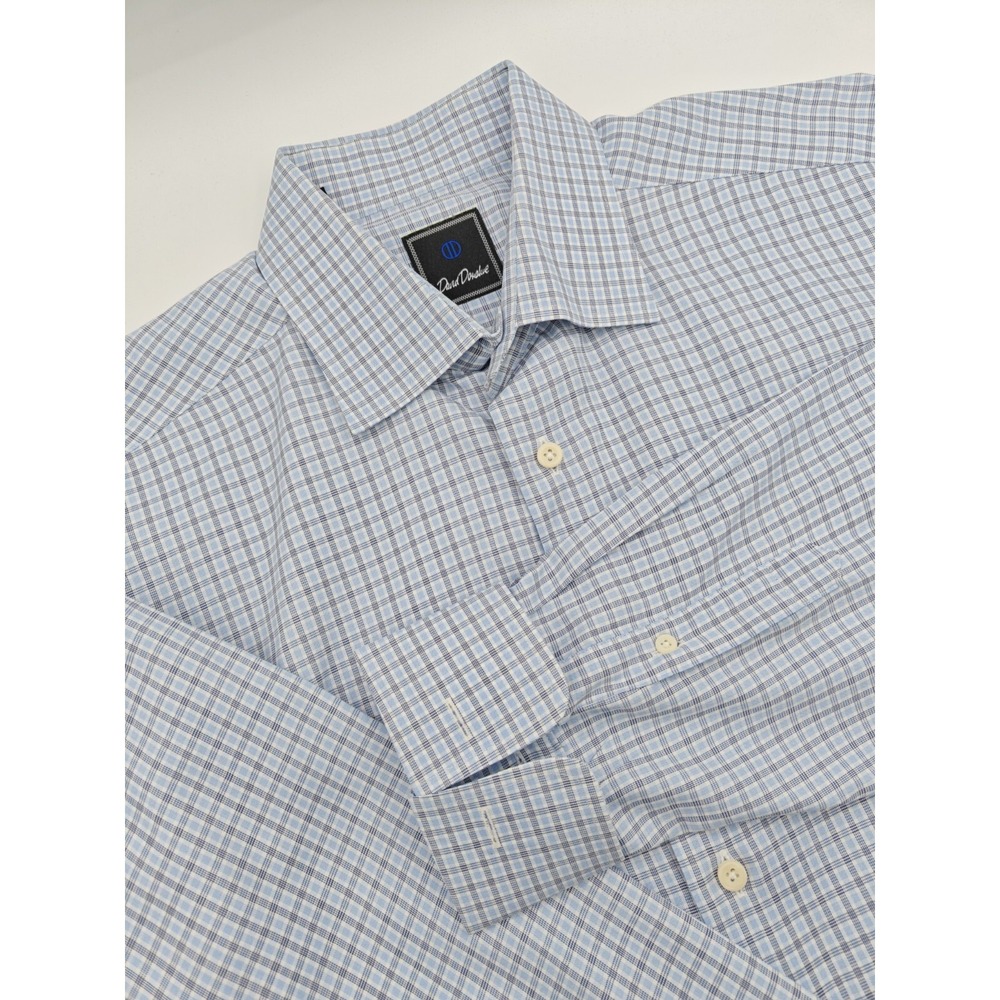 David Donahue 16.5x35 Blue Check Cotton French Cuff Mens Dress Shirt